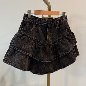 American Eagle Outfitters Black Washed Denim Ruffle Mini Skirt